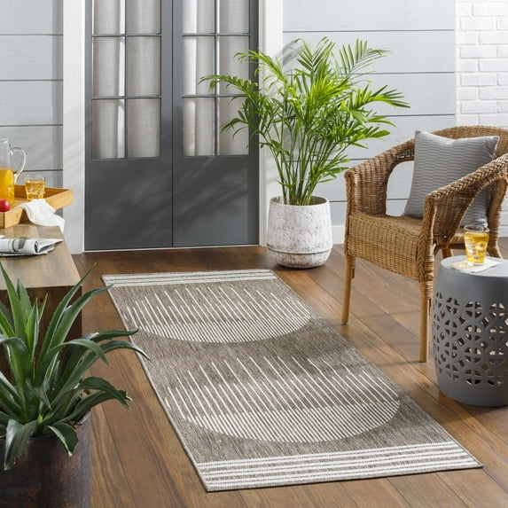 Hauteloom Aviya Hallway, Kitchen Patio Outdoor Runner Rug - Bohemian, Transitional - Off White, Brown - 2'7" x 7'3"