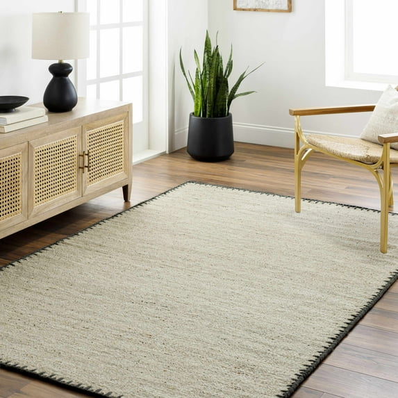 Hauteloom Ayumu Boho Hand Woven Natural Fiber Wool Area Rug - Farmhouse Solid Color Bordered Carpet for Living Room, Bedroom, Dining Room - Beige, Gray - 6' x 9' (6x9)