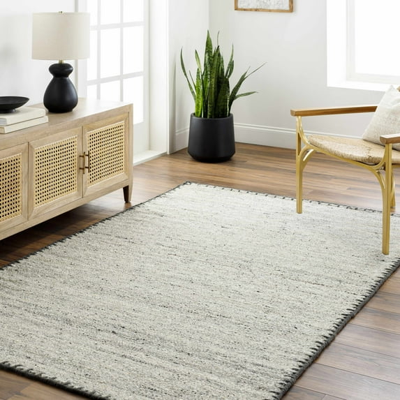 Hauteloom Ayumu Boho Hand Woven Natural Fiber Wool Area Rug - Farmhouse Solid Color Bordered Carpet for Living Room, Bedroom, Dining Room - Gray, Charcoal, Cream - 9' x 12'