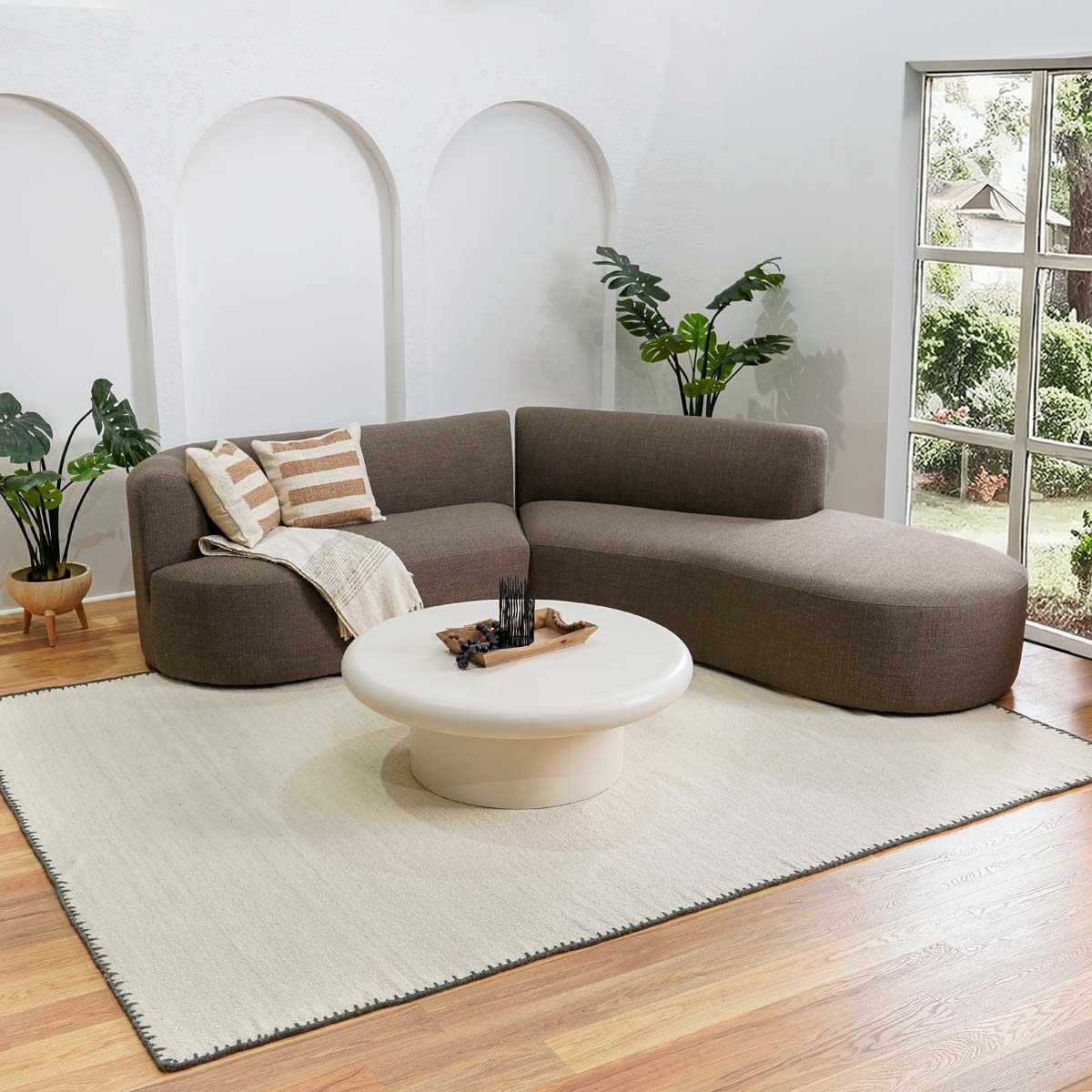 Hauteloom Sancerre Boho Hand Woven Natural Fiber Wool Area Rug - Farmhouse Solid Color Bordered Carpet for Living Room, Bedroom, Dining Room - Ivory, Cream, White, Green - 2' x 3'