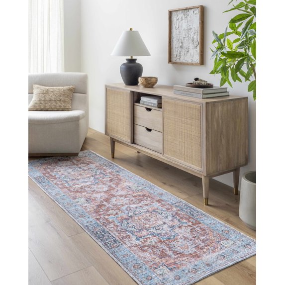 Hauteloom Azfal Hallway, Kitchen Runner Rug - Traditional Oriental Medallion - Vintage Distressed - Blue, Orange, Brown - 2'5" x 7'3"