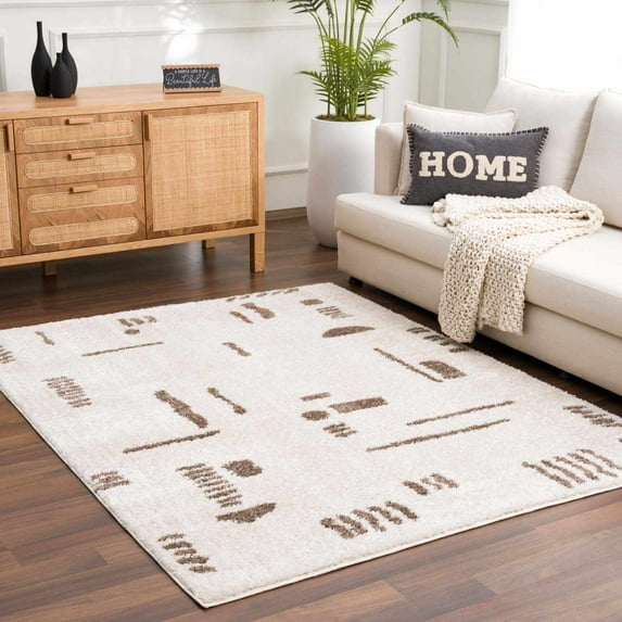 Hauteloom Azriel Modern Geometric Area Rug - Contemporary Abstract High Pile Carpet for Living Room, Bedroom, Dining Room - Machine Washable Rug - Peach, Dark Brown - 2' x 2'11"