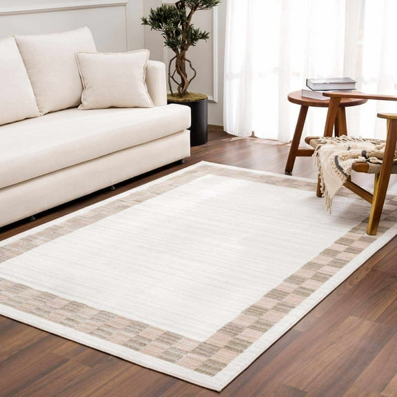Hauteloom Azrika Machine Washable Contemporary Checkered Runner Rug - Modern Geometric Carpet for Living Room, Bedroom, Dining Room - Dark Brown, Beige, Dark Beige - 7'10" x 10' (8x10 Rug)