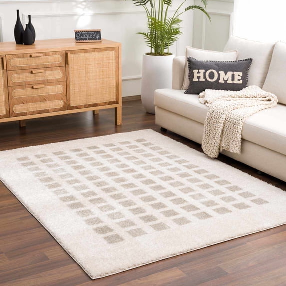 Hauteloom Baback Checkered Area Rug - Modern Geometric Square Tiles Carpet for Living Room, Kids Room, Nursery - Machine Washable - High Pile - Peach, Medium Gray - 6'7" x 9' (6x9 Area Rug)