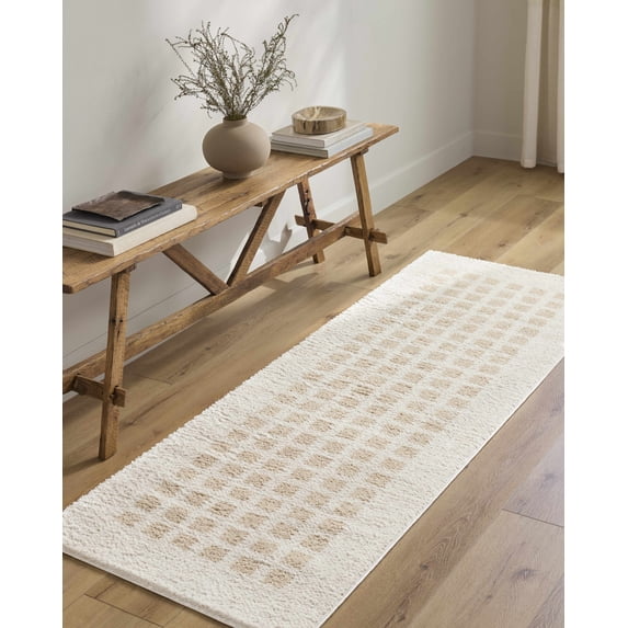 Hauteloom Baback Checkered Runner Rug - Modern Geometric Square Tiles Carpet for Hallway, Kids Room, Nursery - Machine Washable - High Pile - Peach, Beige - 2'7" x 7'3" (2x8 Runner Rug)