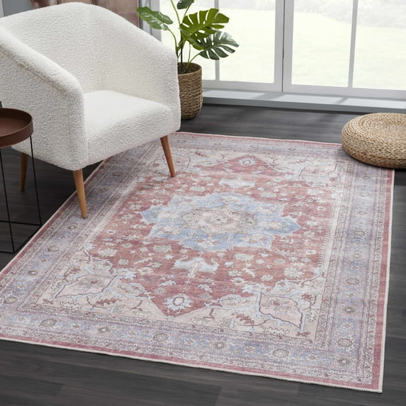 Hauteloom Bagamanoc Living Room, Bedroom Machine Washable Area Rug - Traditional - Dark Red, Navy, Denim - 7'6" x 9'6"
