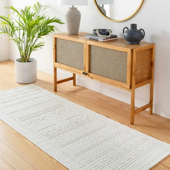 Hauteloom Bahar Hallway, Kitchen Machine Washable Runner Rug - Bohemian Modern Farmhouse - Moroccan Transitional - White, Off White, Light Cream - 2'7" x 7'2"