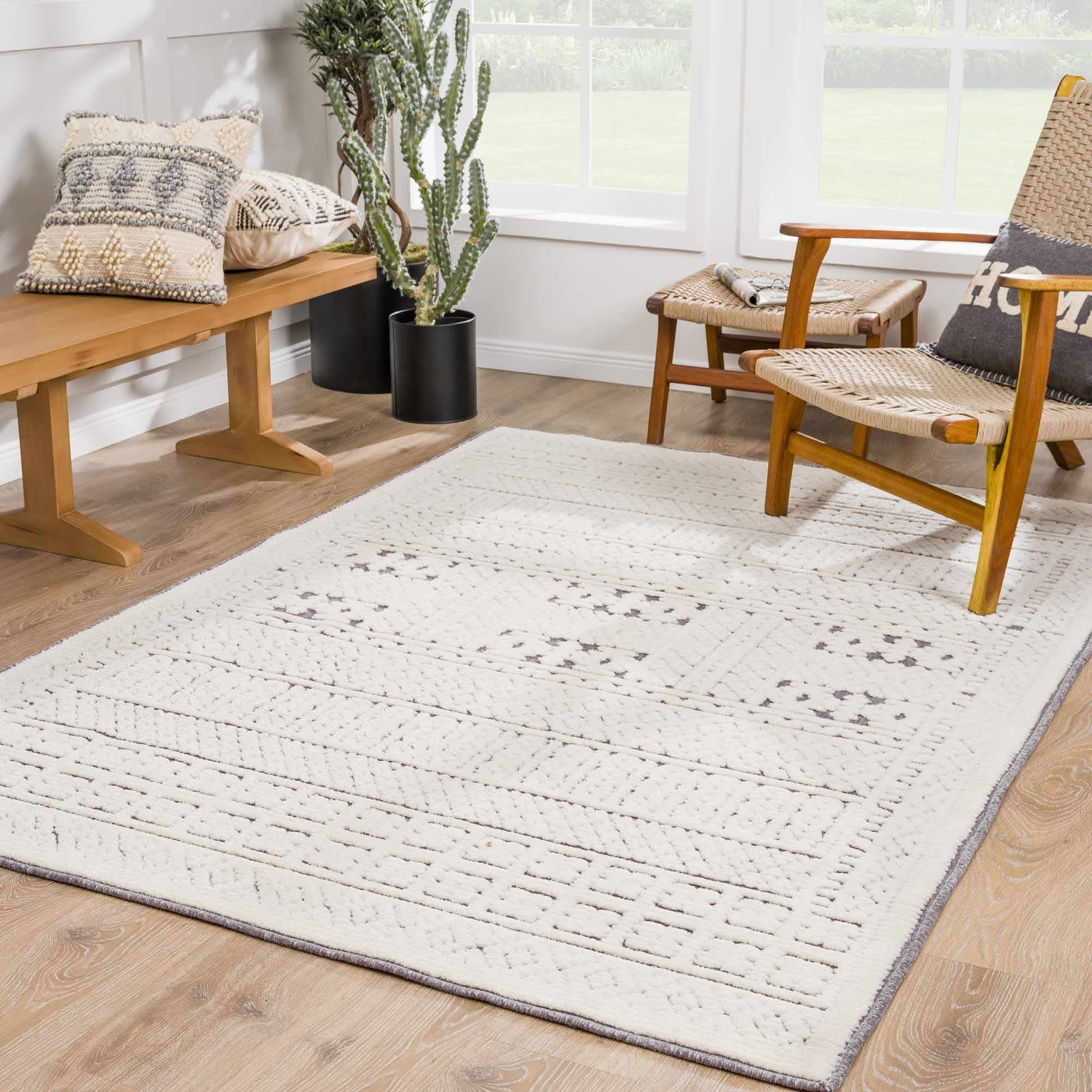 Hauteloom Bahar Living Room, Bedroom Machine Washable Area Rug - Bohemian Modern Farmhouse - Moroccan Transitional - Ivory, Gray, Off White - 7'10" x 10'1"