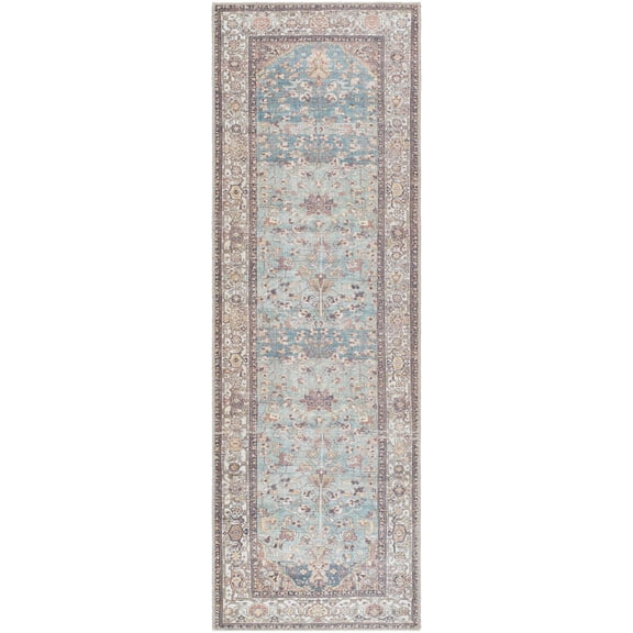 Hauteloom Bahram Hallway, Kitchen Machine Washable Runner Rug - Traditional - Pale Blue, Teal, Cream - 2'7" x 7'10"