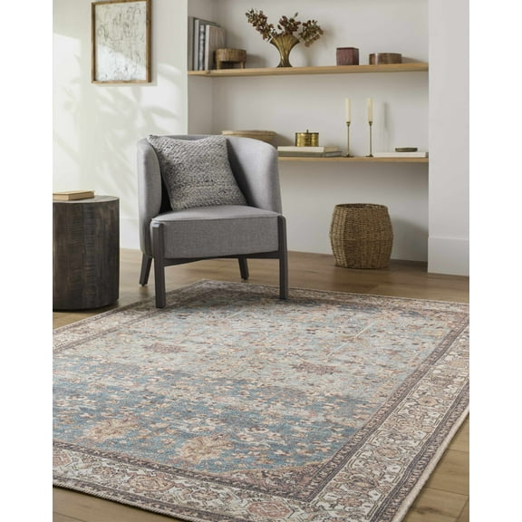 Hauteloom Bahram Living Room, Bedroom Machine Washable Area Rug - Traditional - Pale Blue, Teal, Cream - 2' x 2'11"