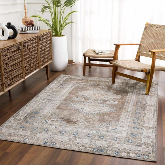 Hauteloom Baltinglass Machine Washable Living Room Kitchen Area Rug - Stain & Water Resistant - Vintage Distressed - Traditional Oriental Medallion - Brown, Beige - 6'7"x9'