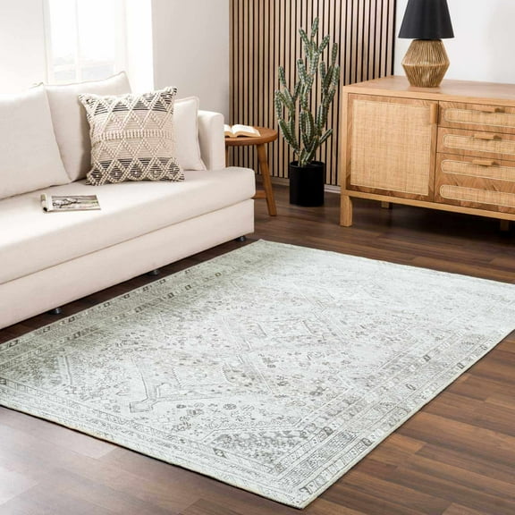 Hauteloom Barny Living Room, Bedroom Machine Washable Area Rug - Traditional Oriental Bohemian Vintage Distressed Carpet - Gray, Cream, Beige - 6'7" x 9'