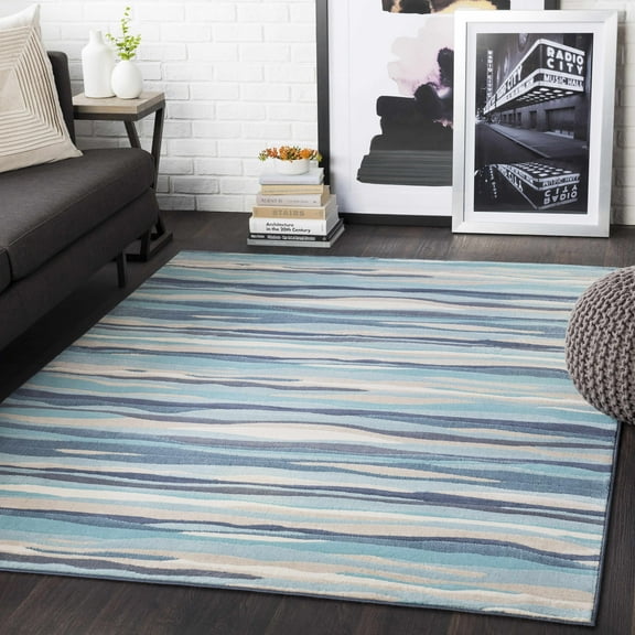 Hauteloom Basco Living Room, Bedroom Area Rug - Modern Wavy Striped Carpet - Blue, Gray, Beige - 5'3" x 7'3"