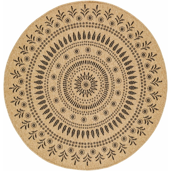 Hauteloom Beata Living Room, Bedroom Patio Outdoor Area Rug - Traditional, Transitional - Tan, Black White, White Tonal - 5'3" Square