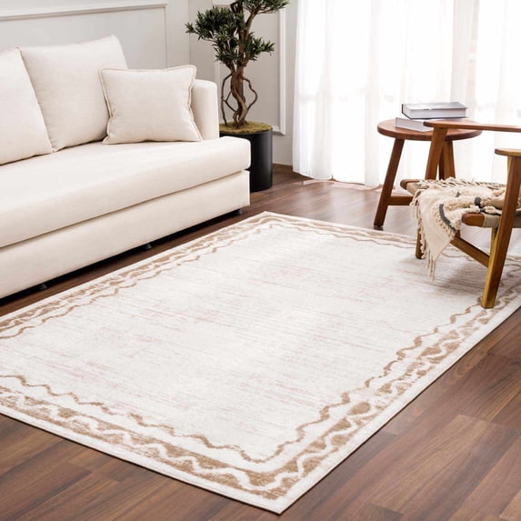 Hauteloom Beatus Machine Washable Contemporary Bordered Runner Rug - Modern Abstract Geometric Carpet for Living Room, Bedroom, Dining Room - Beige, Cream - 7'10" x 10' (8x10 Rug)