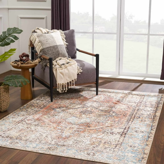 Hauteloom Beck Living Room, Bedroom Machine Washable Area Rug - Traditional Bohemian Carpet - Boho Vintage Distressed - Brown, Orange, Grey - 4'10" x 5'11"