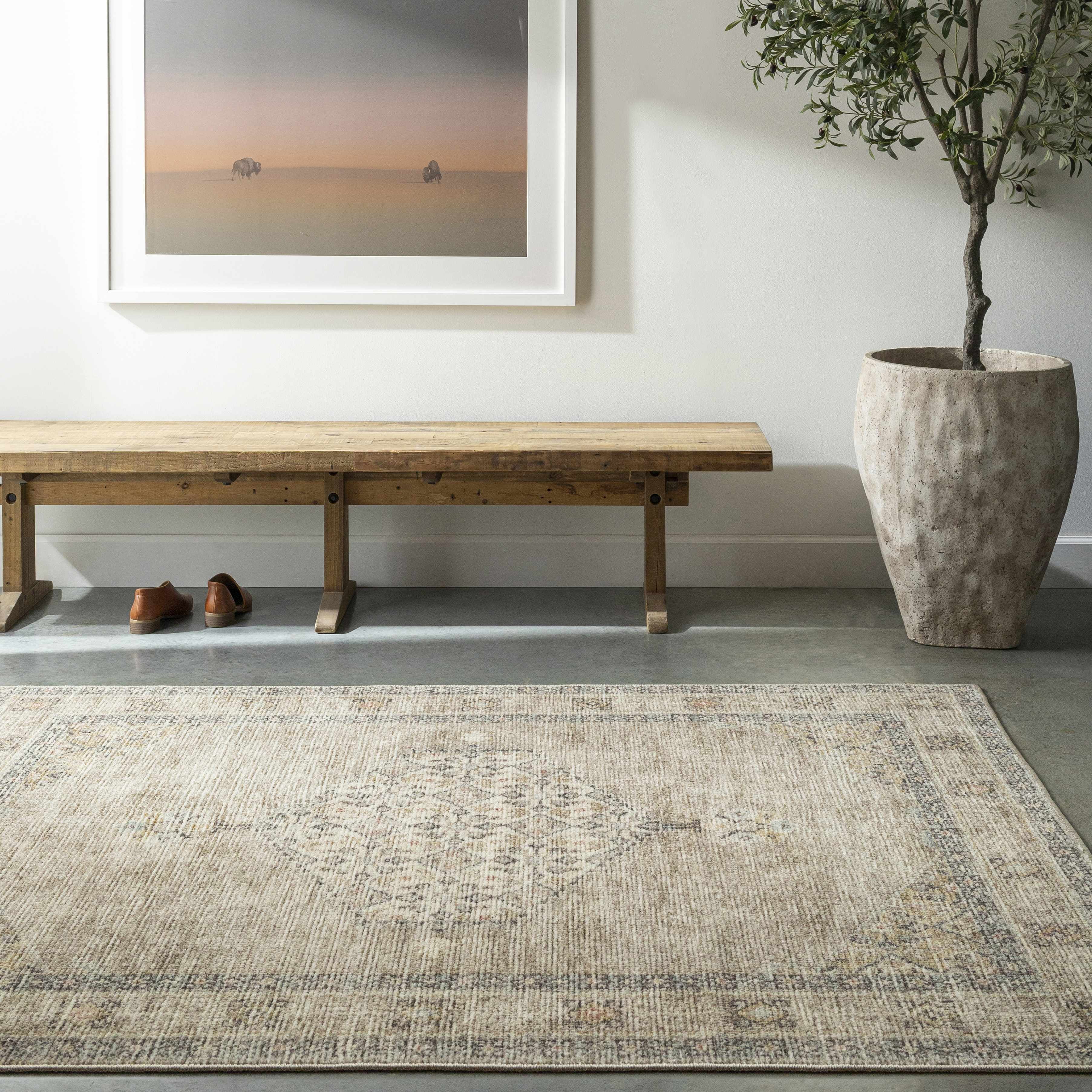 Gray and Beige Medallion Synthetic Rectangular Area Rug 6'7" x 9'