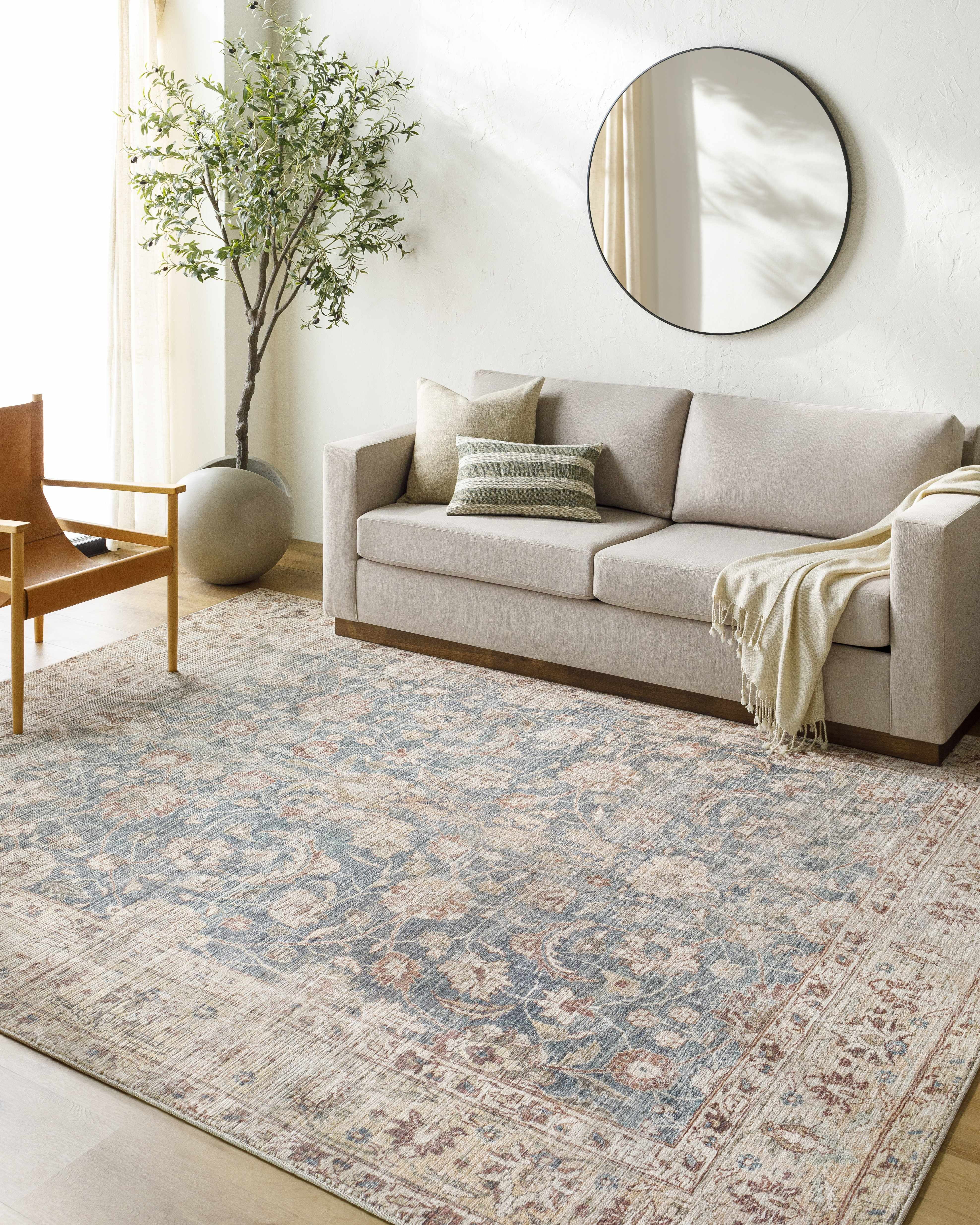Ivory and Blue Polyester Traditional Rectangular Area Rug