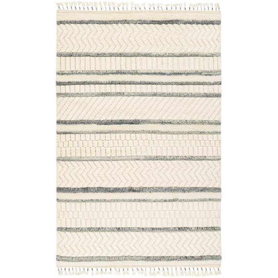 Hauteloom Dukec Wool Living Room, Bedroom Area Rug - Striped Herringbone Textured - Bohemian Transitional Boho - High Pile - Cream, Gray, Ivory - 2' x 3'