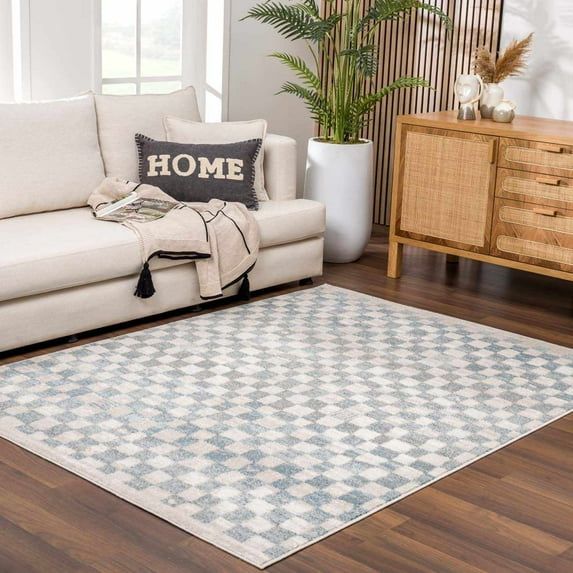 Hauteloom Benjy Living Room, Checkered Bedroom Area Rug - Farmhouse - Cream, Silver Blue - 6'7" x 9'