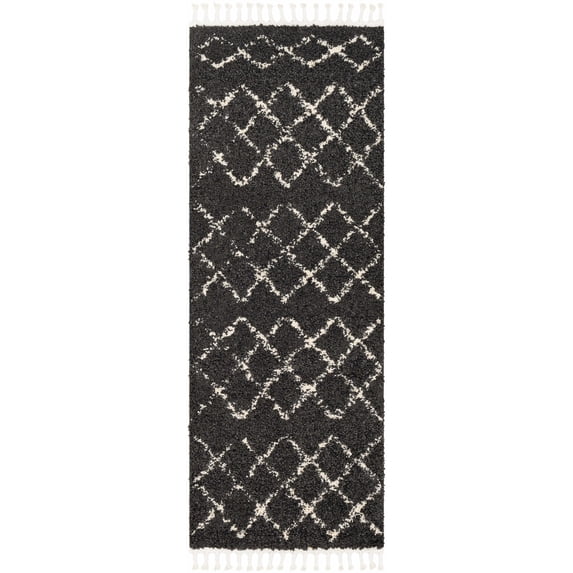 Hauteloom Berber Shag Collection - Ayden Farmhouse Hallway Entry Way Runner Rug with Tassel - Fluffy Plush Long Carpet - Soft Shaggy Rug, Moroccan Trellis - Black, White, Beige - 2'7" x 7'3"