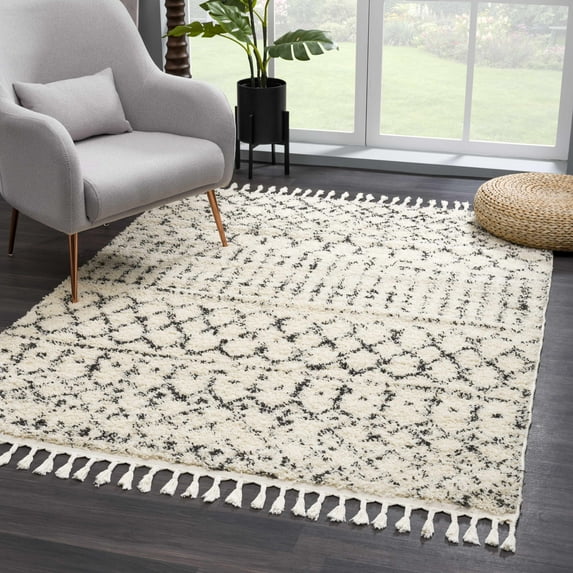 Hauteloom Berber Shag Collection - Kibureau Farmhouse Entryway, Bedroom, Kitchen Shaggy Runner Rug with Tassel - Fluffy Plush High Pile Carpet - Southwestern Tribal Style - Beige, Black - 2'7" x 7'3"