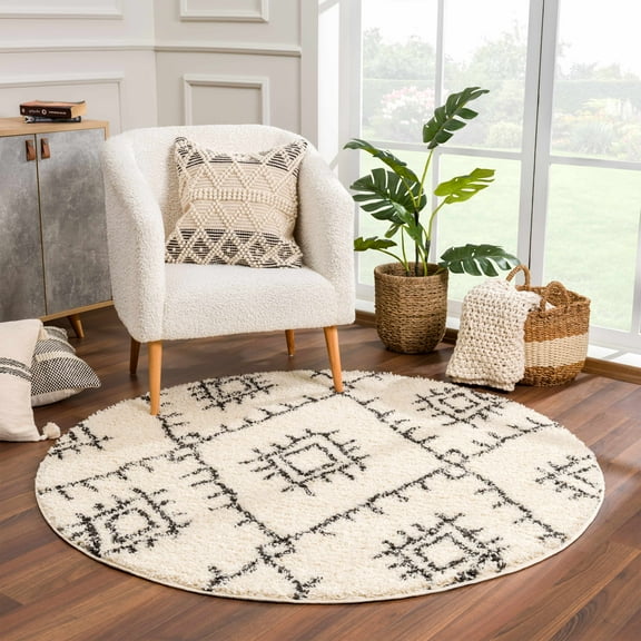 Hauteloom Berber Shag - Emlenton Farmhouse Under Table Round Area Rug Tassel - Fluffy Plush High Pile Carpet - Soft Shaggy Rug, Moroccan Trellis - White, Beige, Cream, Black - 7'10" Circle/Circular
