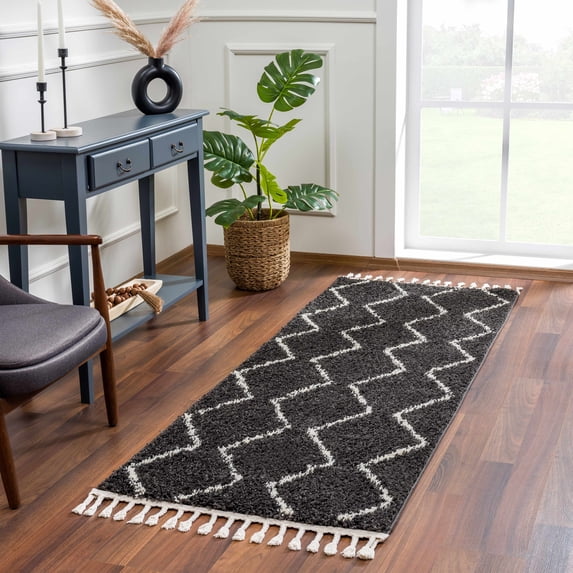 Hauteloom Berber Shag - Ennis Farmhouse Hallway Entry Way Runner Rug Tassel - Fluffy Plush High Pile Long Carpet - Soft Shaggy Rug, Moroccan Trellis Striped - Black, Dark Grey, Beige - 2'7" x 7'3"