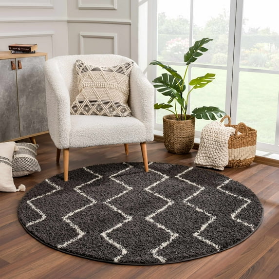 Hauteloom Berber Shag - Ennis Farmhouse Under Table Round Area Rug Tassel - Fluffy Plush High Pile Carpet - Soft Shaggy Rug, Moroccan Trellis Striped - Black, Dark Grey, Beige - 5'3" Circle/Circular