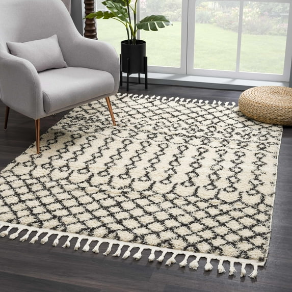 Hauteloom Berber Shag - Munich Farmhouse Living Room Bedroom Area Rug with Tassel - Fluffy Plush High Pile Carpet - Soft Shaggy Rug, Moroccan Trellis - White, Beige, Cream, Black - 3'11" x 5'7"