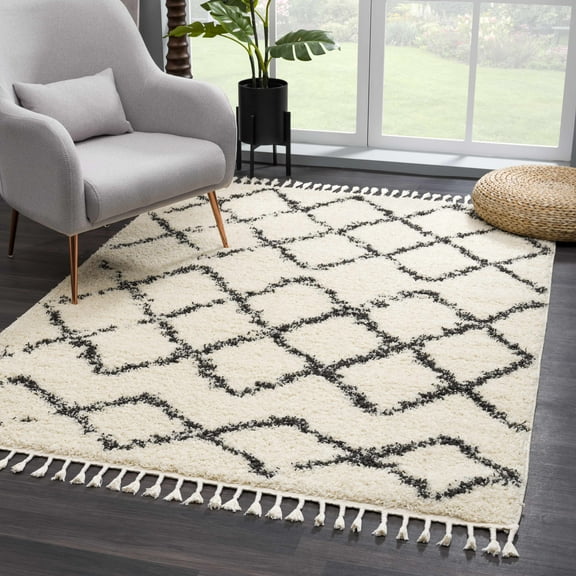 Hauteloom Berber Shag - Wallagrass Farmhouse Living Room Bedroom Area Rug with Tassel - Fluffy Plush High Pile Carpet - Soft Shaggy Rug, Moroccan Trellis - White, Beige, Cream, Black - 3'11" x 5'7"