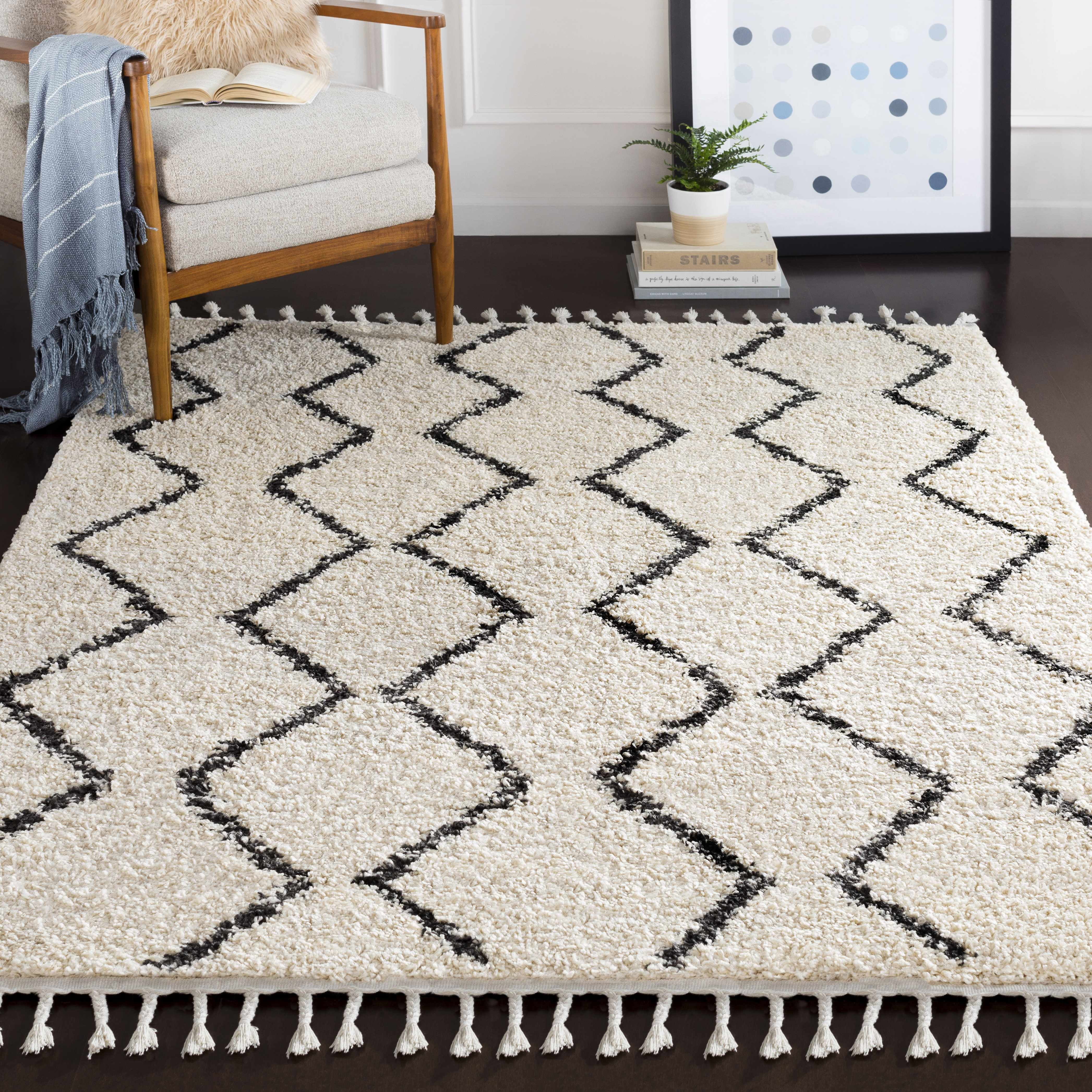 Charcoal and Peach Bohemian Shag Area Rug 5'3" x 7'3"
