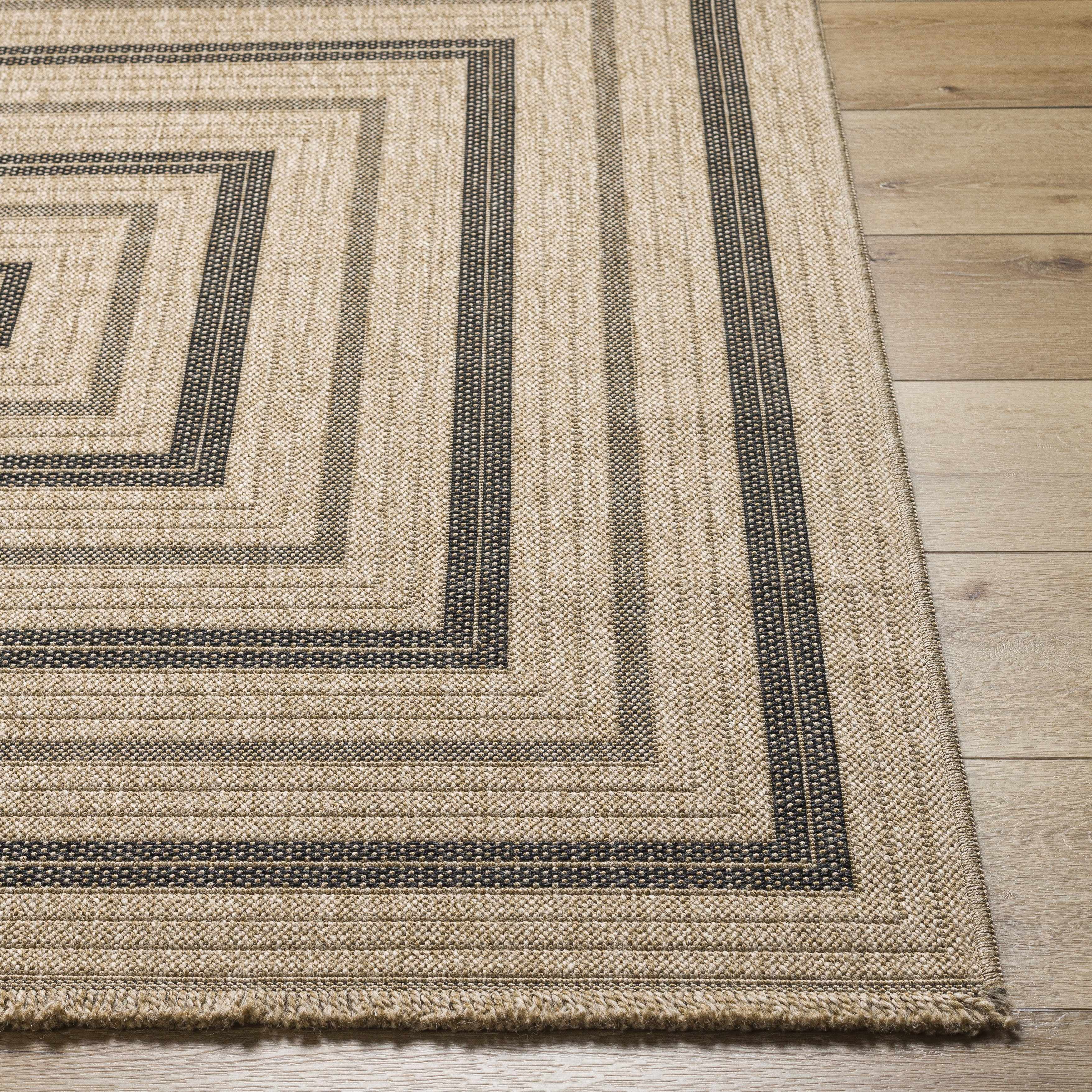 Hauteloom Beril Living Room, Bedroom Patio Outdoor Area Rug - Traditional, Transitional - Tan, Black White, White Tonal - 3'3" Square