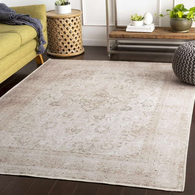 Hauteloom Bethany Traditional Medallion Living Room Bedroom Neutral Area Rug - Machine Washable - Vintage Distressed Faded - Boho Bohemian - Beige, Light Pink, Green - 6'7" x 9'