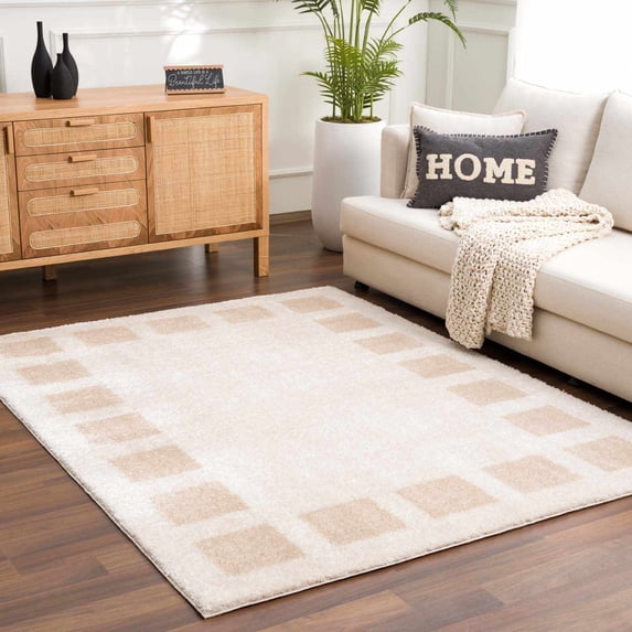 Hauteloom Beynon Contemporary Checkered Area Rug - Geometric Bordered Square Tiles Carpet for Living Room, Bedroom - Machine Washable - High Pile - Peach, Beige - 5'3" x 7'
