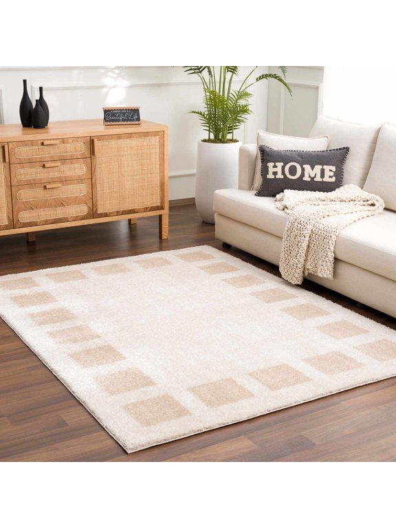 Beynon Contemporary Checkered Area Rug - Geometric Bordered Square Tiles Carpet for Living Room, Bedroom - Machine Washable Area Rug - High Pile - Peach, Beige - 2' x 2'11"