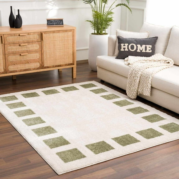 Hauteloom Beynon Contemporary Checkered Large Area Rug - Geometric Bordered Square Tiles Carpet for Living Room - Machine Washable Area Rug - High Pile - Cream, Green - 7'10" x 10' (8x10 Area Rug)