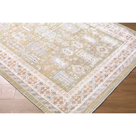 Hauteloom Biming Living Room, Bedroom Machine Washable Area Rug - Traditional - Sage, Cream, Beige - 5'3" x 7'
