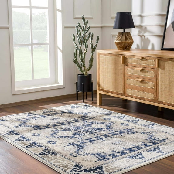 Hauteloom Bindi Living Room, Bedroom Area Rug - Oriental Bohemian Vintage Carpet - Cream, Gray, Blue - 2' x 3'