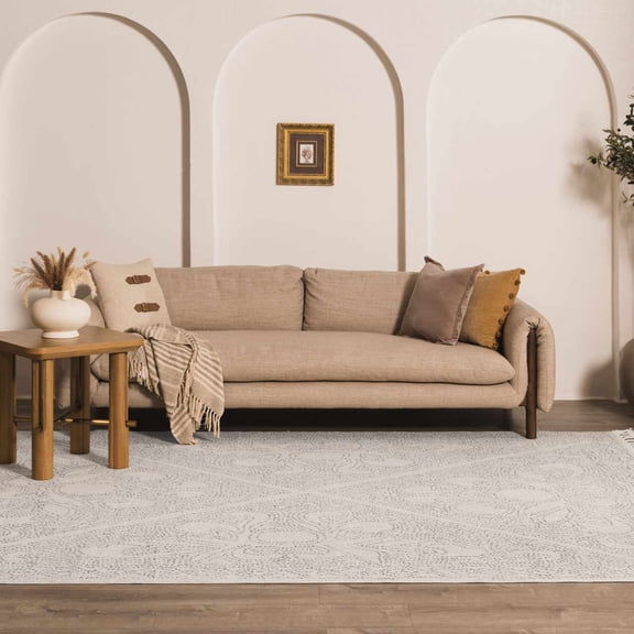 Hauteloom Livingstone Living Room, Bedroom Area Rug - Floral Geometric Polka - Bohemian Transitional Boho - Cream, Gray, White - 5'3" x 7'3"