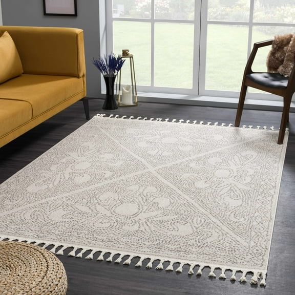 Hauteloom Birdwood Moroccan Farmhouse Living Room Bedroom Area Rug - Bohemian Carpet with Tassel - Boho Vintage Dot Pattern - Modern Minimalist Look - Beige, Cream, Brown - 8'10"x12'