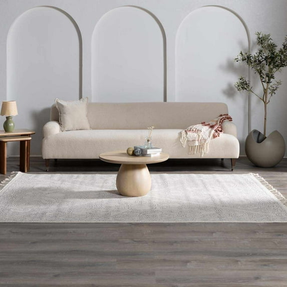 Hauteloom Birdwood Moroccan Farmhouse Living Room Bedroom Area Rug - Bohemian Carpet with Tassel - Boho Vintage Dot Pattern - Modern Minimalist Look - Beige, Cream, Gray - 5'3" Square