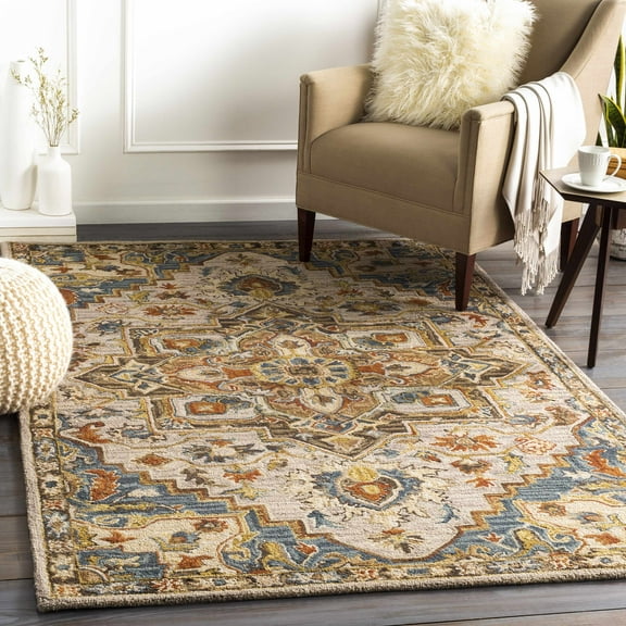 Hauteloom Birtley Boho Hand Tufted Wool Natural Fiber Soft Area Rug - Traditional Floral Carpet for Living Room, Bedroom, Dining Room - Oriental Medallion - Blue, Mustard, Beige - 2' x 3'