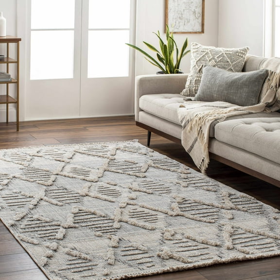 Hauteloom Bogtong Farmhouse Living Room Bedroom Moroccan Trellis Area Rug - Soft Shaggy High Low Carpet - High Pile - Bohemian, Boho - Gray, Beige, Cream - 7'10" x 10'