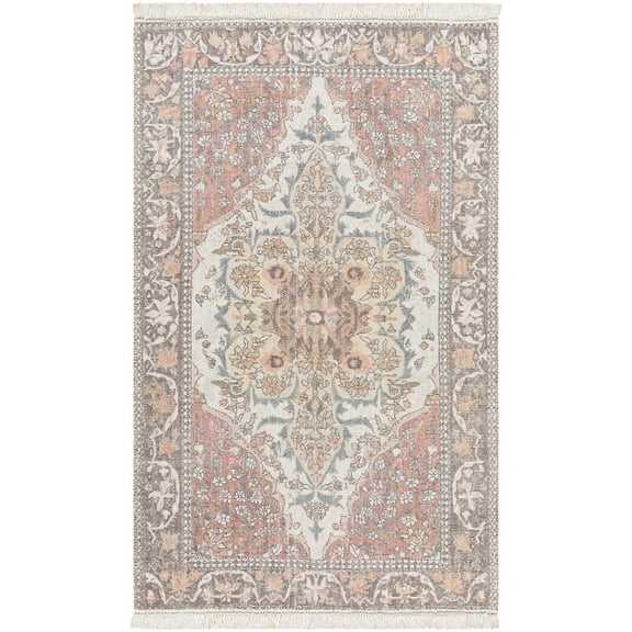 Hauteloom Bohdan Bohemian Hand Loomed Vintage Medallion Area Rug - Oriental Fade Look Traditional Floral Carpet for Living Room, Bedroom, Dining Room - Tasseled - Terracotta, Peach, Blush- 2' x 3'