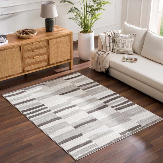 Hauteloom Bojana Modern Broken Striped Area Rug - Contemporary Geometric Carpet for Living Room, Bedroom, Dining Room - Black and White, Gray - 6'7" x 9' (6x9 Rug)