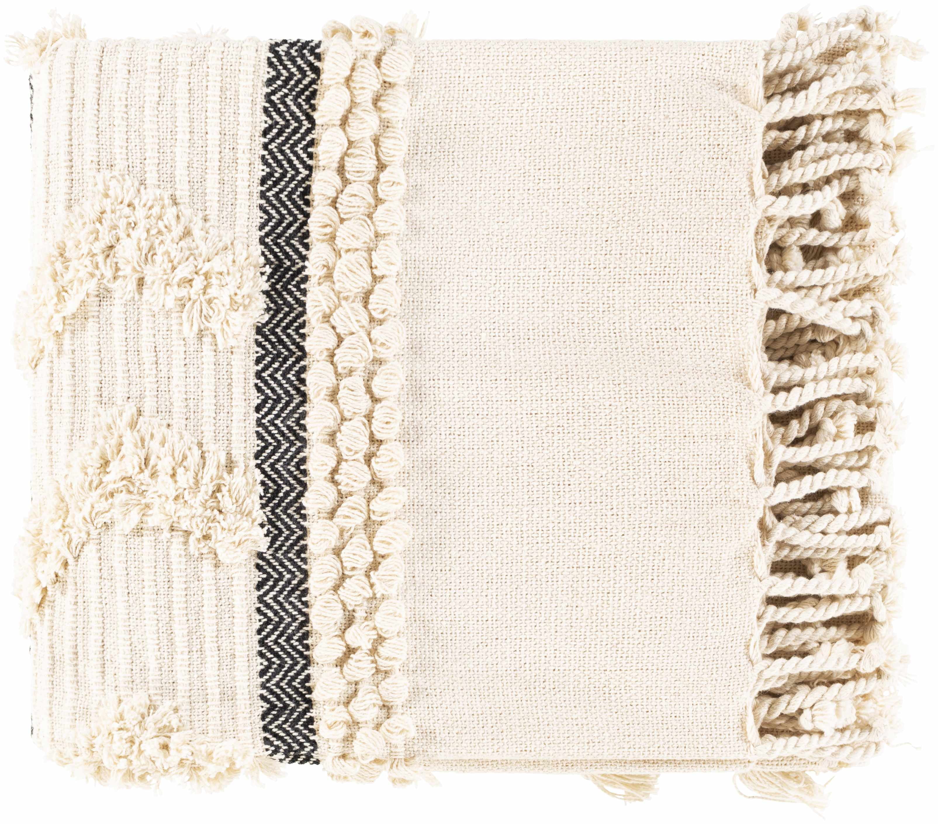 Ivory and Black Cotton Boho Throw Blanket with Tassels