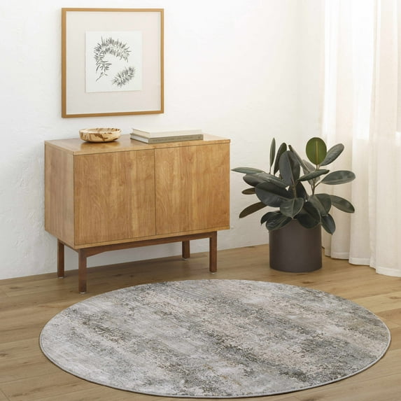Hauteloom Bowdoinham Living Room, Bedroom Area Rug - Modern Abstract Carpet - Gray, Beige, Cream - 6'7" - Round