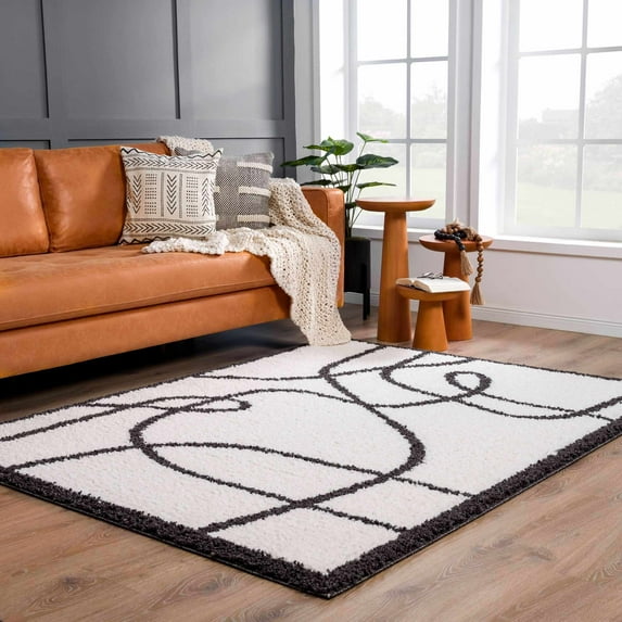 Hauteloom Brad Living Room, Bedroom Area Rug - Modern Geometric - Plush Pile - White, Black - 5'3" x 7'