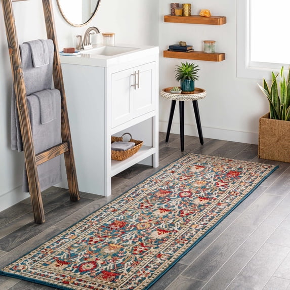 Hauteloom Brandford Boho Floral Laundry Room, Hallway, Entryway, Bedroom, Kitchen Floor Runner Rug - Floral - Bohemian Vintage Look - Oriental - Blue, Yellow, Red - 2'6" x 7'10"